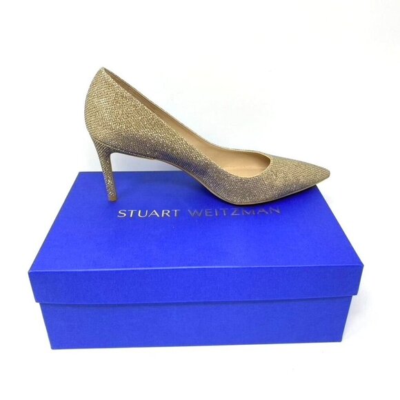 Stuart Weitzman Linsi 75 Pointed Toe Metallic Woven Pump Heels Rubber Sole NWB - Picture 3 of 13